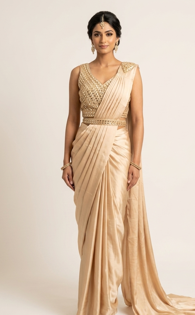 Fertig genähter Sari - Beige