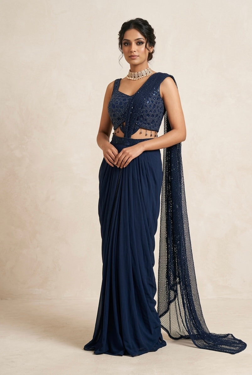 Lehenga - Saree style deep blue