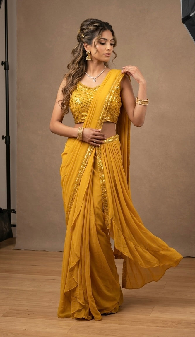 Lehenga - Saree/dhotti style yellow