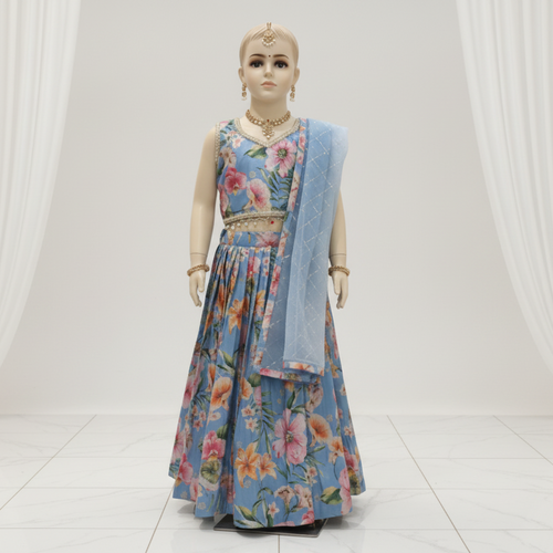 Kinder-Lehenga mit Blumenmuster – Ozeanblau